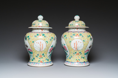 A pair of Chinese famille rose covered vases and a jardini&egrave;re, 19/20th C.