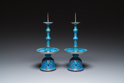 A pair of Chinese light-blue-ground Canton enamel candlesticks, Yongzheng