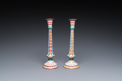 A pair of Chinese Canton enamel 'lotus' candlesticks, Yongzheng