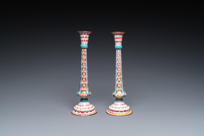 A pair of Chinese Canton enamel 'lotus' candlesticks, Yongzheng