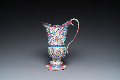 A Chinese Canton enamel helm-shaped ewer with shell-shaped basin, Yongzheng/Qianlong