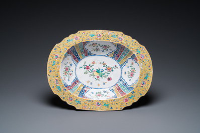 A Chinese Canton enamel helm-shaped ewer with shell-shaped basin, Qianlong
