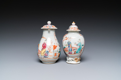 A Chinese famille rose 'mandarin subject' jug with cover and a tea caddy, Qianlong