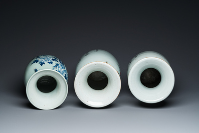 Two Chinese famille rose vases and a blue and white celadon vase, 19/20th C.