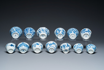 Thirteen Chinese blue and white cups and saucers, Kangxi