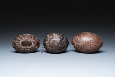 Three French colonial carved coconuts, French Guiana, 18/19th C.