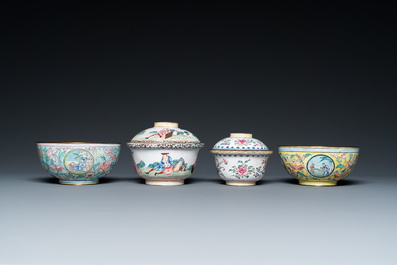 Two Chinese Canton enamel covered bowls on stands and two bowls, 18/19th C.