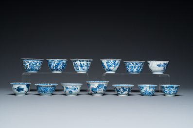 Thirteen Chinese blue and white cups and saucers, Kangxi