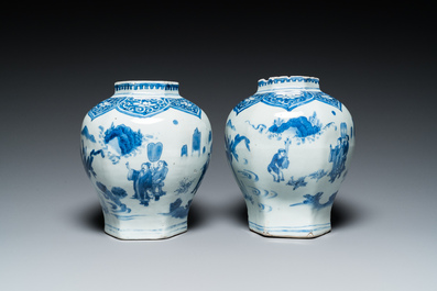A pair of Chinese blue and white hexagonal vases, Transitional period