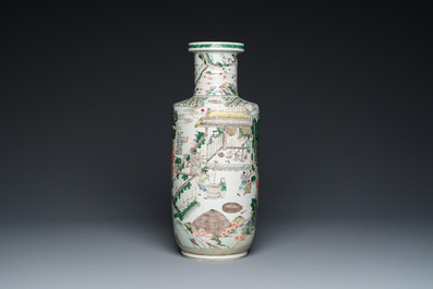 A fine Chinese famille verte rouleau 'rice production' vase, 19th C.