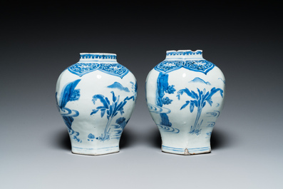 A pair of Chinese blue and white hexagonal vases, Transitional period