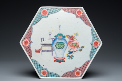 A rare Chinese famille rose hexagonal 'antiquities' stand, Yongzheng