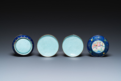 Four Chinese blue-ground Canton enamel wares, Qianlong/Jiaqing