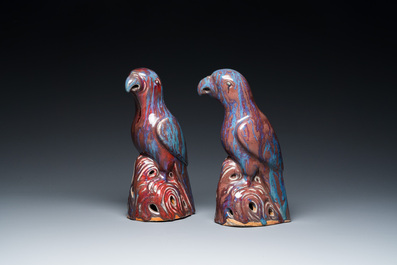 A pair of Chinese flamb&eacute;-glazed birds, 19th C.