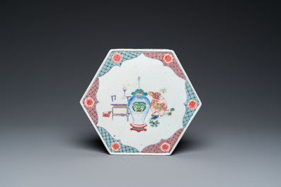A rare Chinese famille rose hexagonal 'antiquities' stand, Yongzheng