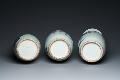 Two Chinese famille rose vases and a blue and white celadon vase, 19/20th C.