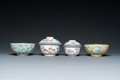 Two Chinese Canton enamel covered bowls on stands and two bowls, 18/19th C.