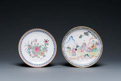 Two Chinese Canton enamel covered bowls on stands and two bowls, 18/19th C.