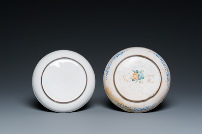 Two Chinese Canton enamel covered bowls on stands and two bowls, 18/19th C.