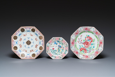 Three octagonal Chinese famille rose dishes, Yongzheng/Qianlong