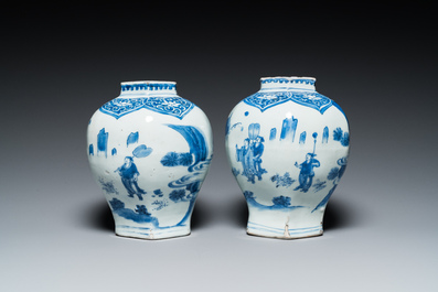 A pair of Chinese blue and white hexagonal vases, Transitional period