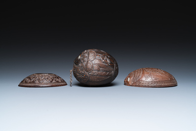 Three French colonial carved coconuts, French Guiana, 18/19th C.