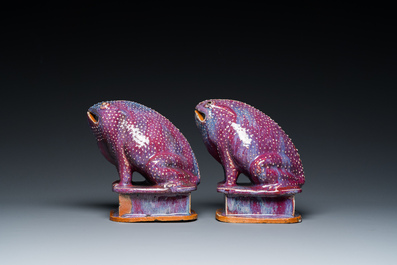 A pair of Chinese flamb&eacute;-glazed toads, 19th C.