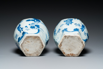 A pair of Chinese blue and white hexagonal vases, Transitional period