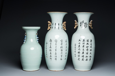 Deux vases en porcelaine de Chine famille rose et un vase &agrave; fond c&eacute;ladon, 19/20&egrave;me