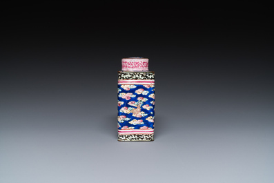 A Chinese rectangular Canton enamel tea caddy and cover, Qianlong