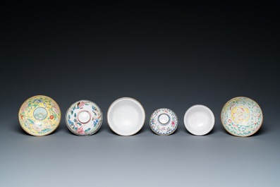 Two Chinese Canton enamel covered bowls on stands and two bowls, 18/19th C.