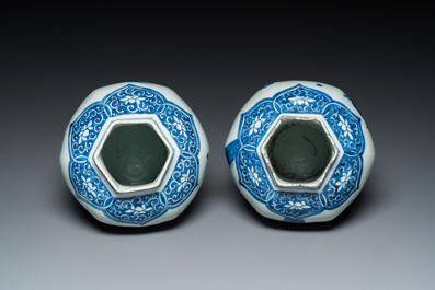 A pair of Chinese blue and white hexagonal vases, Transitional period