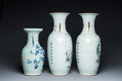Two Chinese famille rose vases and a blue and white celadon vase, 19/20th C.