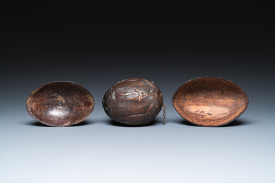 Three French colonial carved coconuts, French Guiana, 18/19th C.