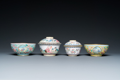 Two Chinese Canton enamel covered bowls on stands and two bowls, 18/19th C.