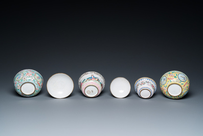 Two Chinese Canton enamel covered bowls on stands and two bowls, 18/19th C.