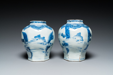 A pair of Chinese blue and white hexagonal vases, Transitional period