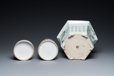 Four Chinese famille rose and qianjiang cai porcelain wares, 19/20th C.