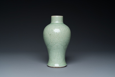 A Chinese celadon-glazed vase with underglaze design and a junyao-type bowl, 19/20th C.