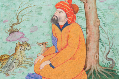 Ecole indienne, miniature: 'Homme assis entour&eacute; d'animaux'