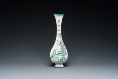 A Chinese lozenge-shaped Canton enamel 'Four gentlemen' vase, Qianlong mark and of the period