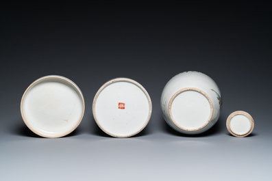 Four Chinese famille rose and qianjiang cai porcelain wares, 19/20th C.