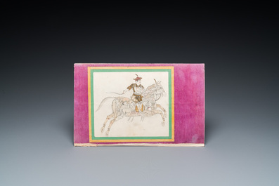 Ecole indienne, miniature: 'Guerrier sur cheval contenant des animaux et des t&ecirc;tes humaines'