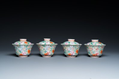 Four Chinese famille rose millefleurs covered bowls on stands, Qianlong mark, Republic