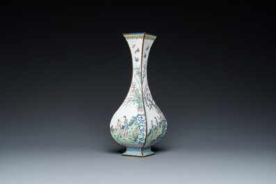 A Chinese lozenge-shaped Canton enamel 'Four gentlemen' vase, Qianlong mark and of the period