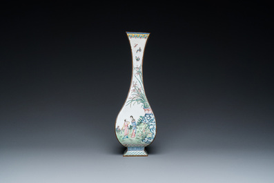 A Chinese lozenge-shaped Canton enamel 'Four gentlemen' vase, Qianlong mark and of the period