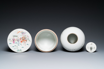 Four Chinese famille rose and qianjiang cai porcelain wares, 19/20th C.