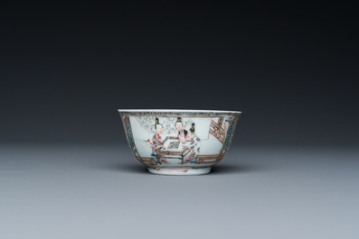 A fine Chinese famille rose cup and saucer with go-players, Yongzheng