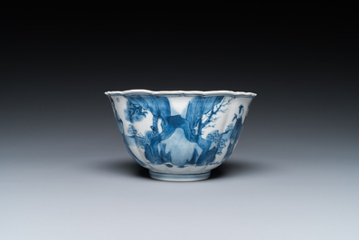 A Chinese blue and white bowl with figures in a landscape, Chenghua mark, Kangxi
