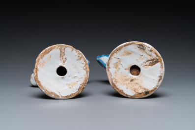 A pair of polychrome Dutch Delft busts on bases imitating marble, 18th C.